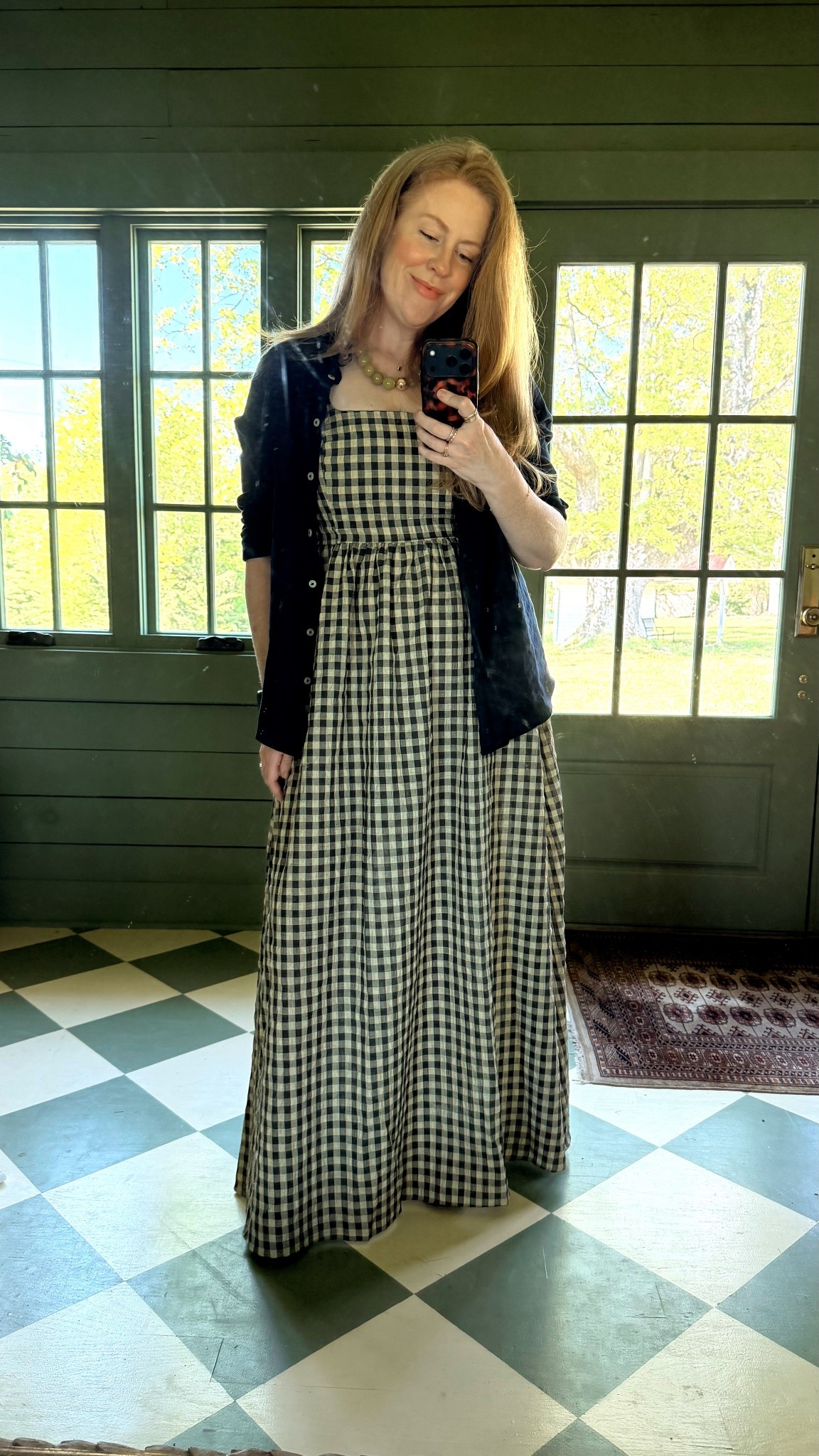 gingham dress with linen button down and colorful beaded necklace wearing an 8 in the dress and medium in the top! flats are tts.

#LTKootd #LTKOver40 #LTKMothersDay