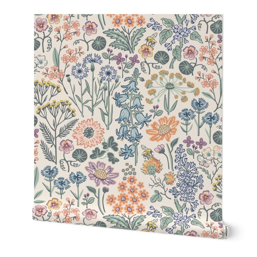 Emmas flower meadow large - multicolored warm tone cottagecore wild floral Wallpaper | Spoonflowe... | Spoonflower