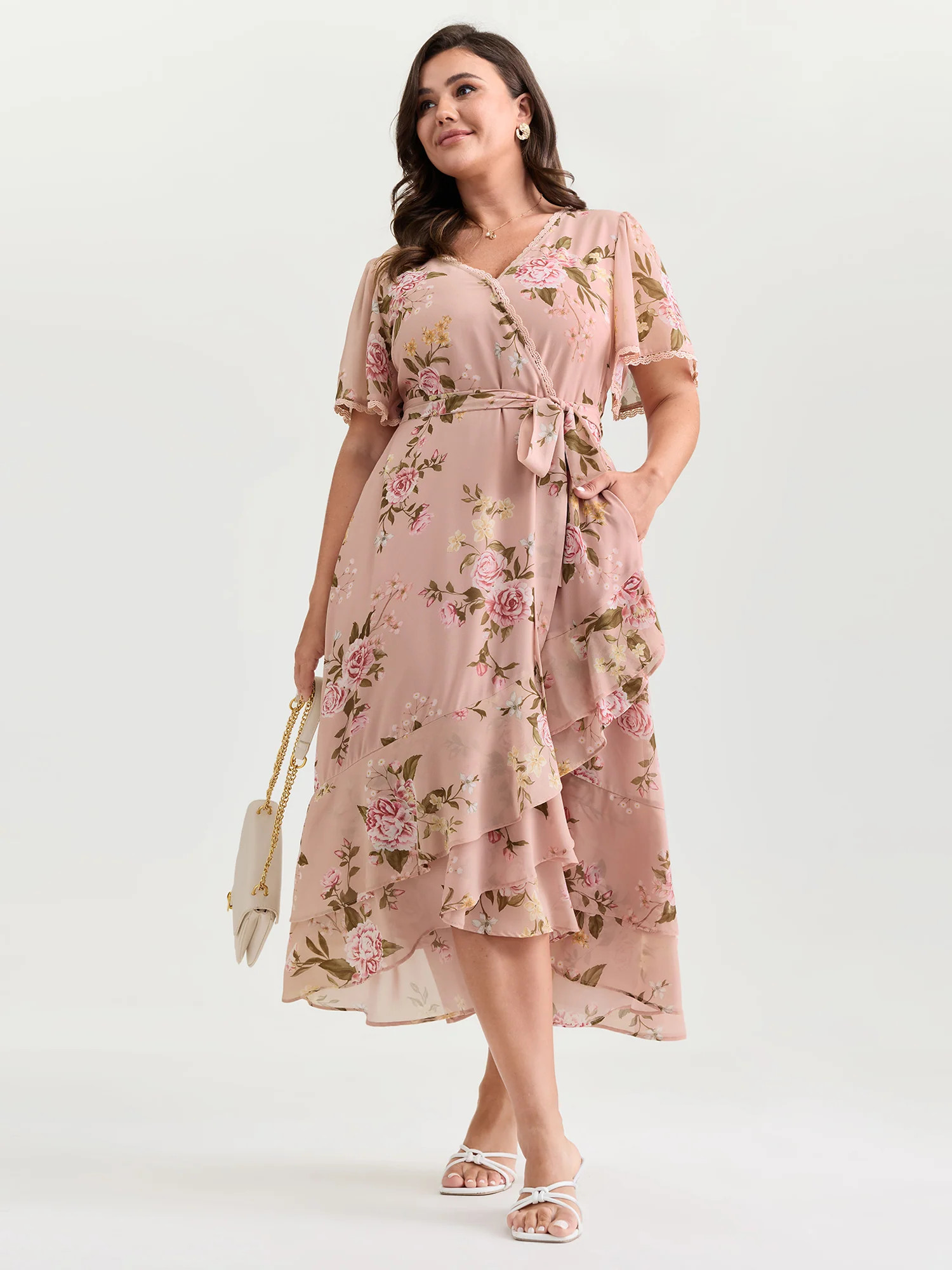 Soft Floral Print Lotus Leaf Hem Midi Dress | Bloomchic