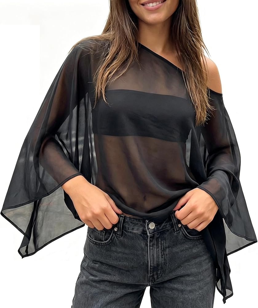 Women Sheer Chiffon Poncho Top Mesh Capelets Cover Up See Through Shawls and Wraps | Amazon (US)