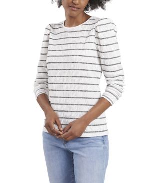 Vince Camuto Petite Long Sleeve Puff Shoulder Smocked Knit Striped Top | Macys (US)