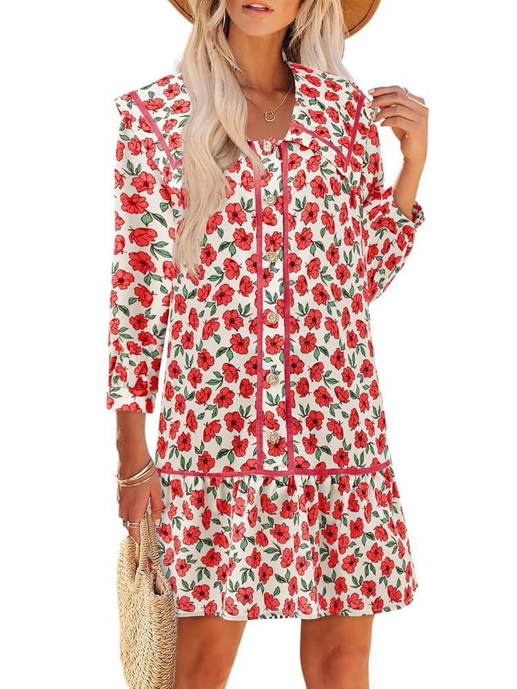 Wenrine Womens Casual Shirt Dresses 3/4 Long Sleeve Floral Button Down Flowy Babydoll Fall Mini D... | Amazon (US)