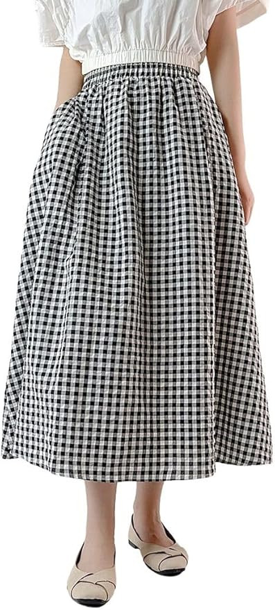 chouyatou Women's Casual Elastic Waist Plaid Skirt Gingham Swing Pleated Midi Long Skirt with Poc... | Amazon (US)