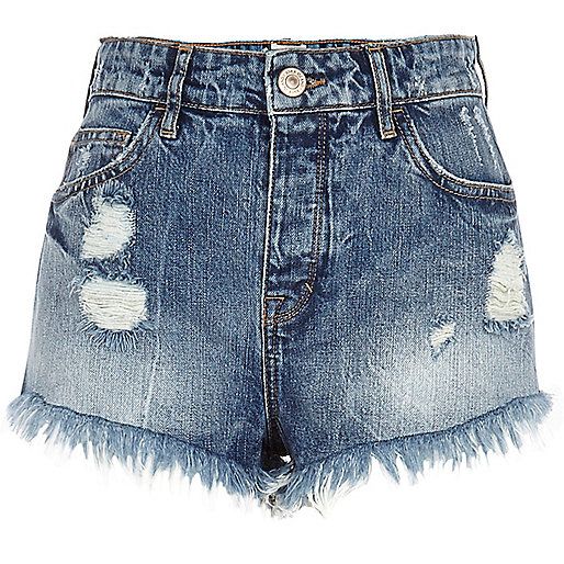 Mid wash ripped denim high waisted shorts | River Island (UK & IE)