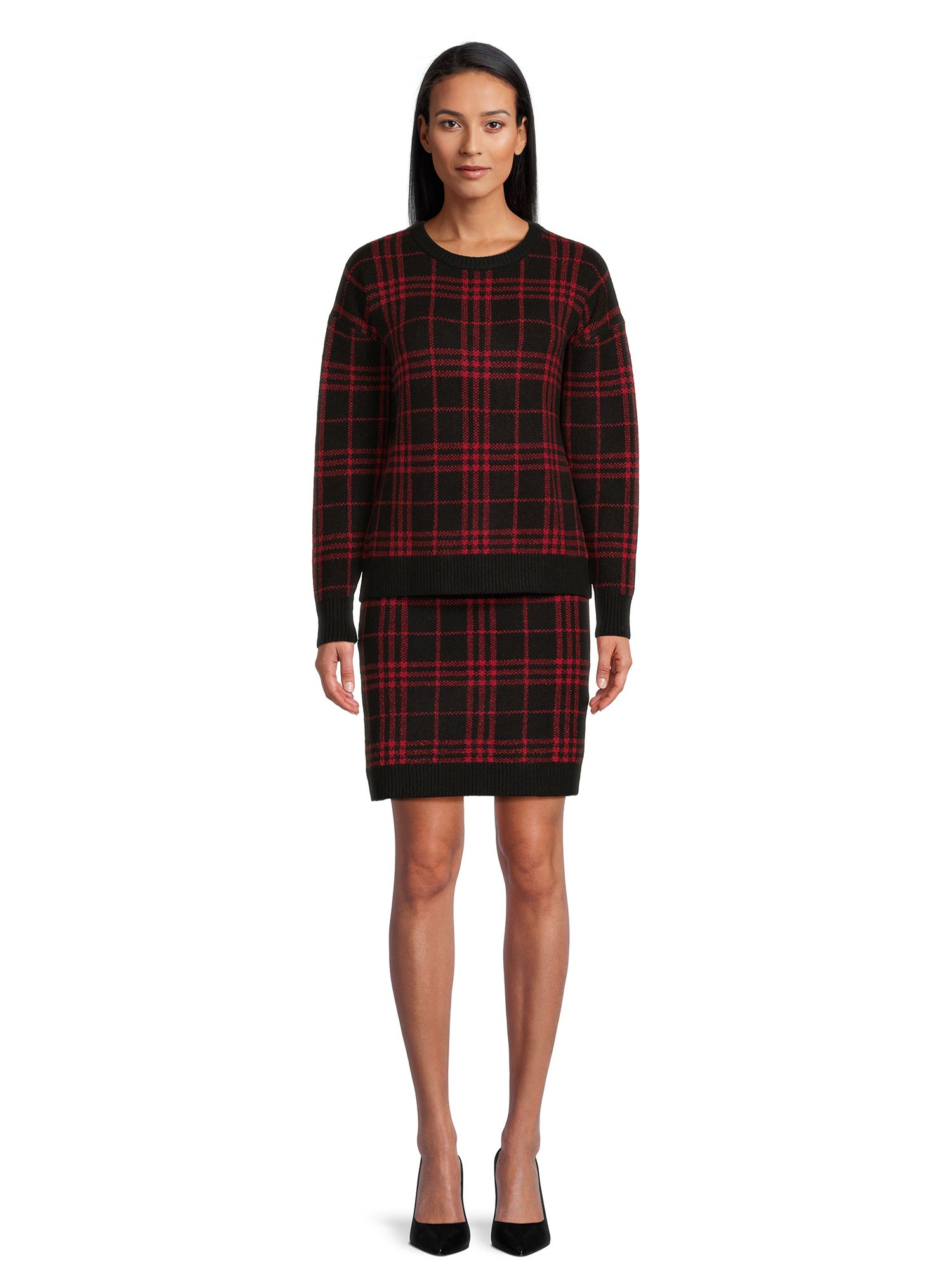 Time and Tru Women's Plaid Crewneck Sweater and Skirt Set, 2-Piece, Sizes XS-XXXL | Walmart (US)