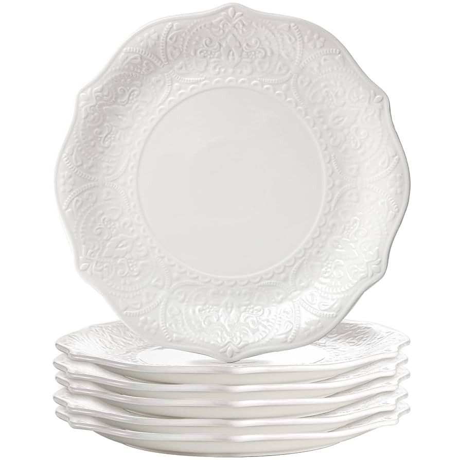 SOUJOY Set of 6 Porcelain Dinner Plate, 10.5'' White Dinner Dish, Embossed Printing Dinnerware Pl... | Amazon (US)
