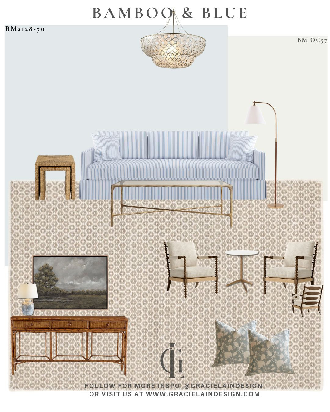 Serene (summer) living 🌿 A little coastal, a little traditional, and just enough modern to keep it fresh. This space feels soft, sophisticated, and completely comfortable.

A glowing capiz chandelier, warm brass accents, a perfectly striped sofa, and a bamboo console set the tone. Landscape art adds calm, while a modern Jenny Lind chair with the most fantastic geometric back brings personality. Finished with beautiful patterned pillows and a soft wool rug… it’s easy, breezy, and effortlessly beautiful.

Tap to shop and see more details on the blog ✨ gracielaindesign.com

#LTKHome #LTKStyleTip #SummerDecor #CoastalInspired #ModernTraditional #SereneSpaces #LivingRoomDesign #InteriorStyling #NeutralHome #LayeredLiving #HomeWithStyle #GracielainDesign 

 #LTKSeasonal #LTKHome #LTKSaleAlert