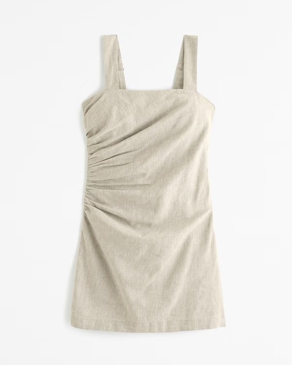 Women's Linen-Blend Ruched Squareneck Mini Dress | Women's | Abercrombie.com | Abercrombie & Fitch (US)
