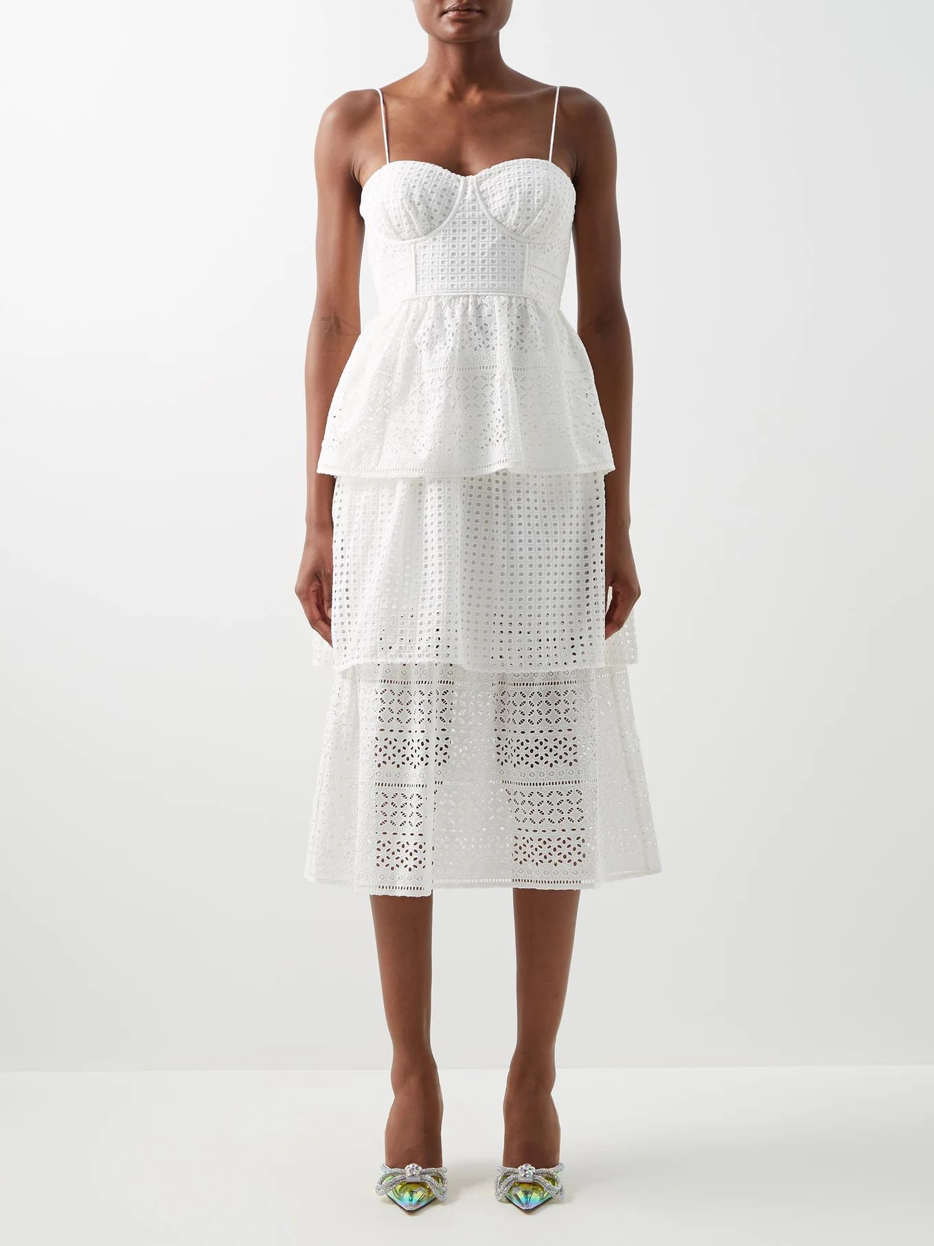 Tiered broderie-anglaise cotton midi dress | Self-Portrait | Matches (UK)