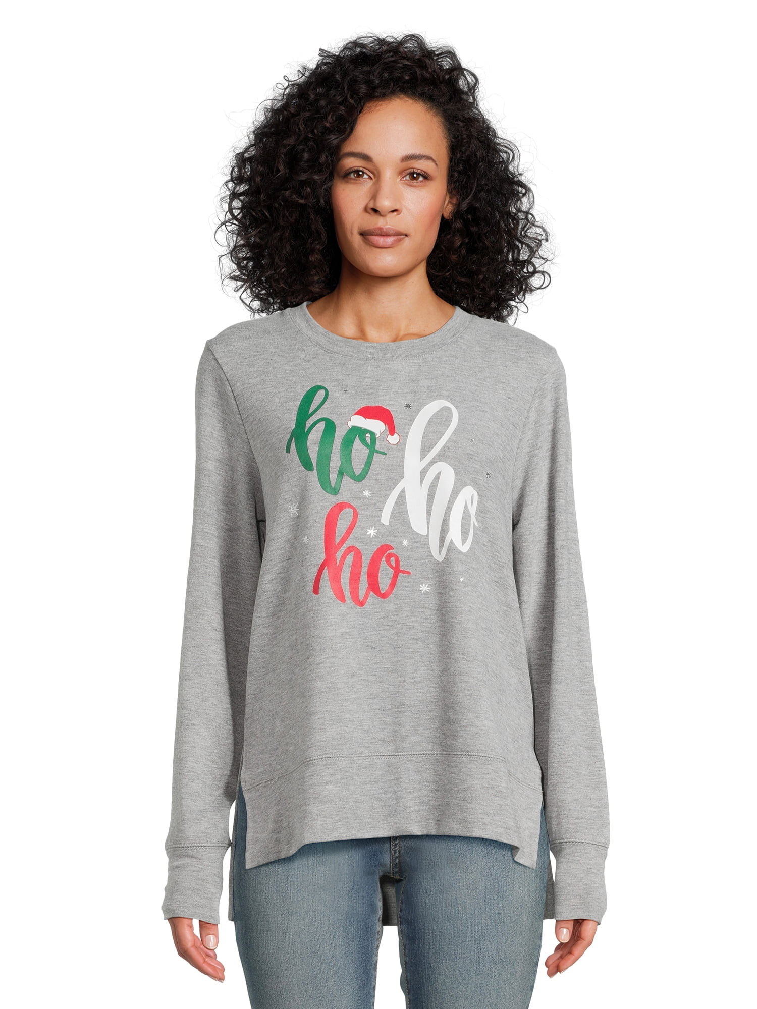 Women's Christmas Ho Ho Ho Long Sleeve Top, Winter Hacci Knit Sweater from Holiday Time, Sizes S-... | Walmart (US)