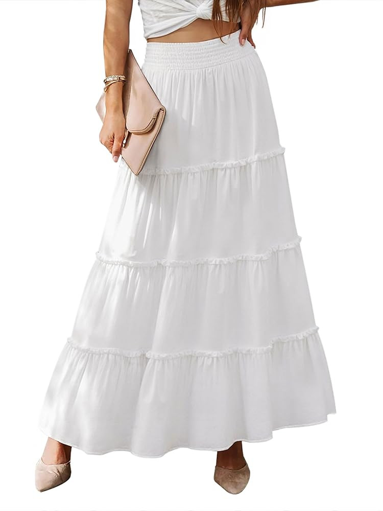 Women’s Summer Boho Maxi Skirts Smocked High Wasited Flowy Tiered Ruffle A Line Long Beach Skir... | Amazon (US)