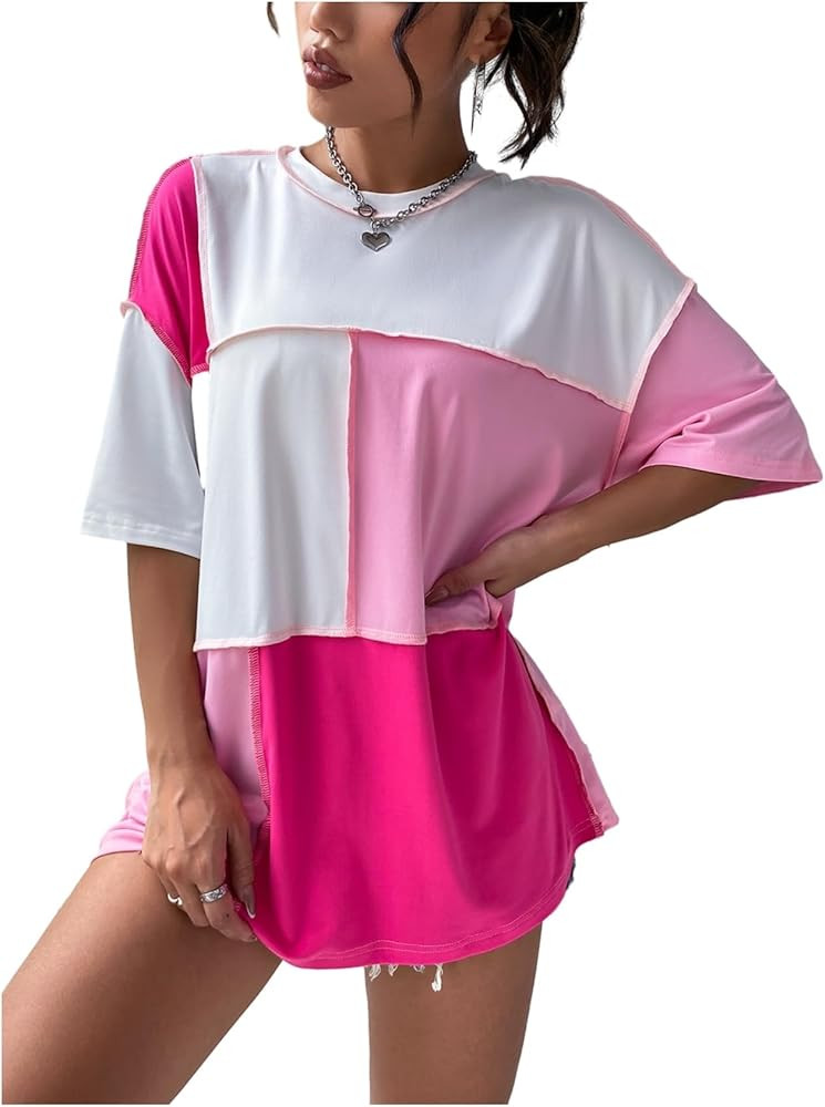 Floerns Women's Colorblock Stitching Trim Short Sleeve Crew Neck Loose T-Shirt Top | Amazon (US)