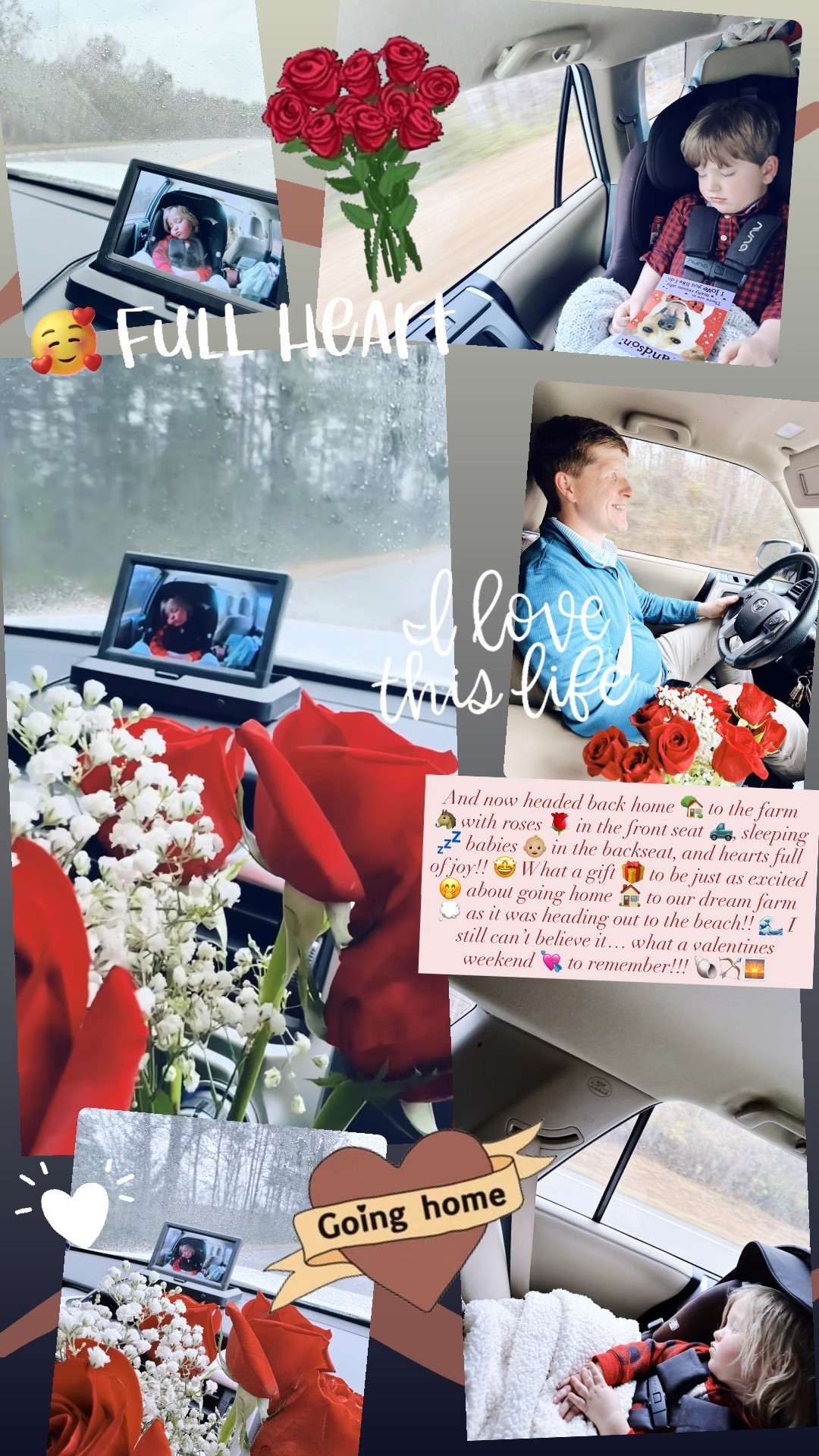 And now headed back home 🏡 to the farm 🐴 with roses 🌹 in the front seat 🛻, sleeping 💤 babies 👶🏼 in the backseat, and hearts full of joy!! 🤩 What a gift 🎁 to be just as excited 🤭 about going home 🏠 to our dream farm 💭 as it was heading out to the beach!! 🌊 I still can’t believe it… what a valentines weekend 💘 to remember!!! 🐚🏹🌅