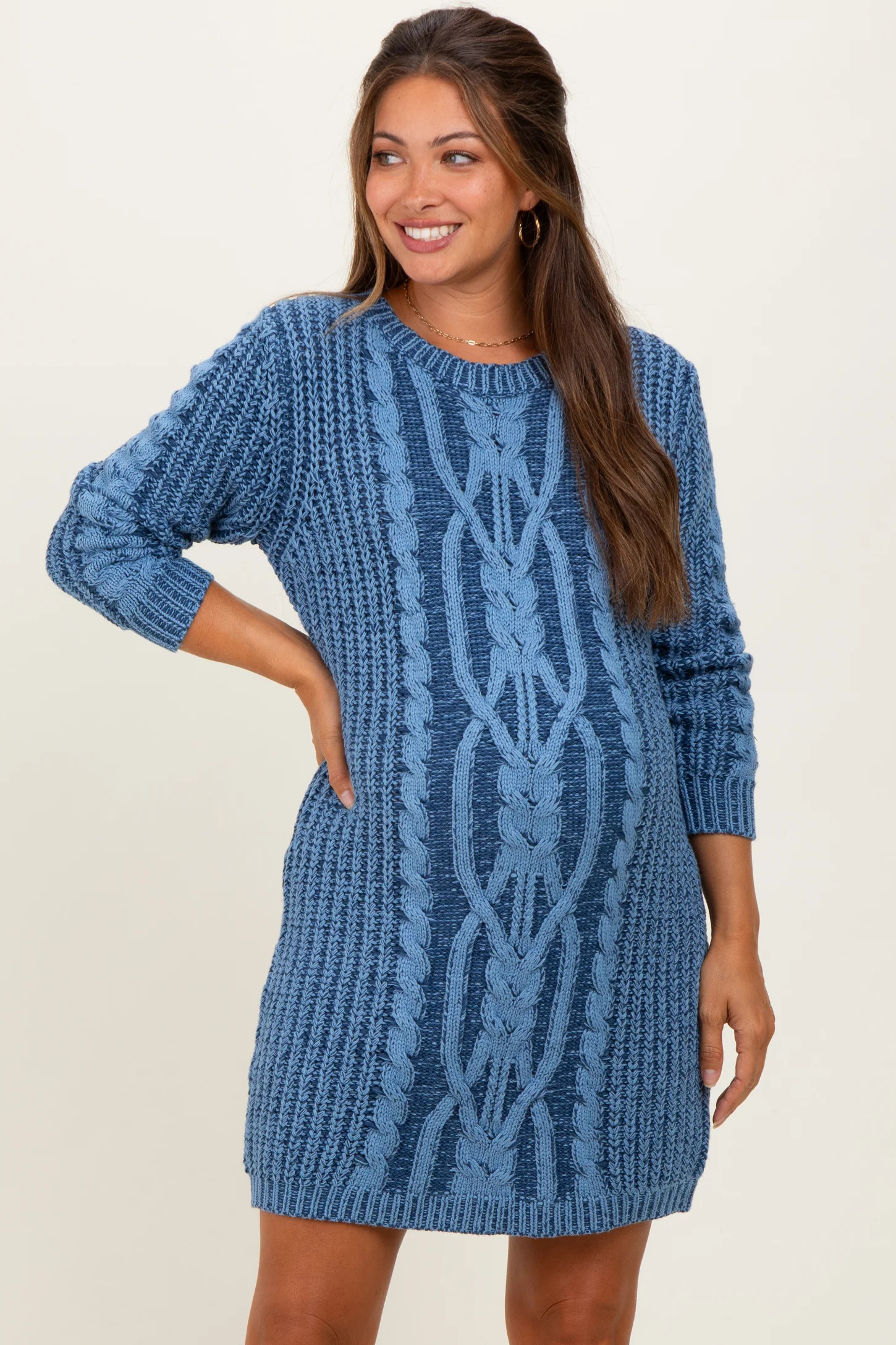 Blue Two Tone Cable Knit Maternity Mini Sweater Dress | PinkBlush Maternity