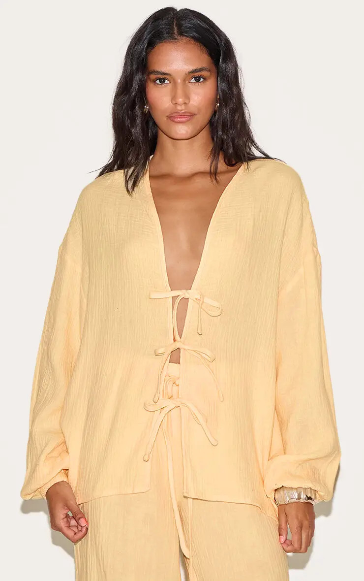 Lemon Textured Cheesecloth Tie Front Shirt Co-ord | PrettyLittleThing UK