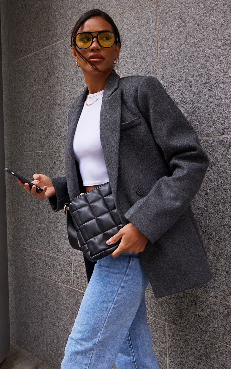 Grey Wool Look Double Breasted Blazer | PrettyLittleThing US