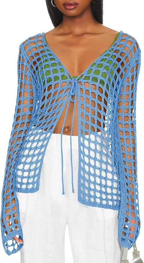 Saodimallsu Womens Long Sleeve Swimsuit Coverup Crochet Hollow Out Tie Front Swim Cover Up Knit C... | Amazon (US)