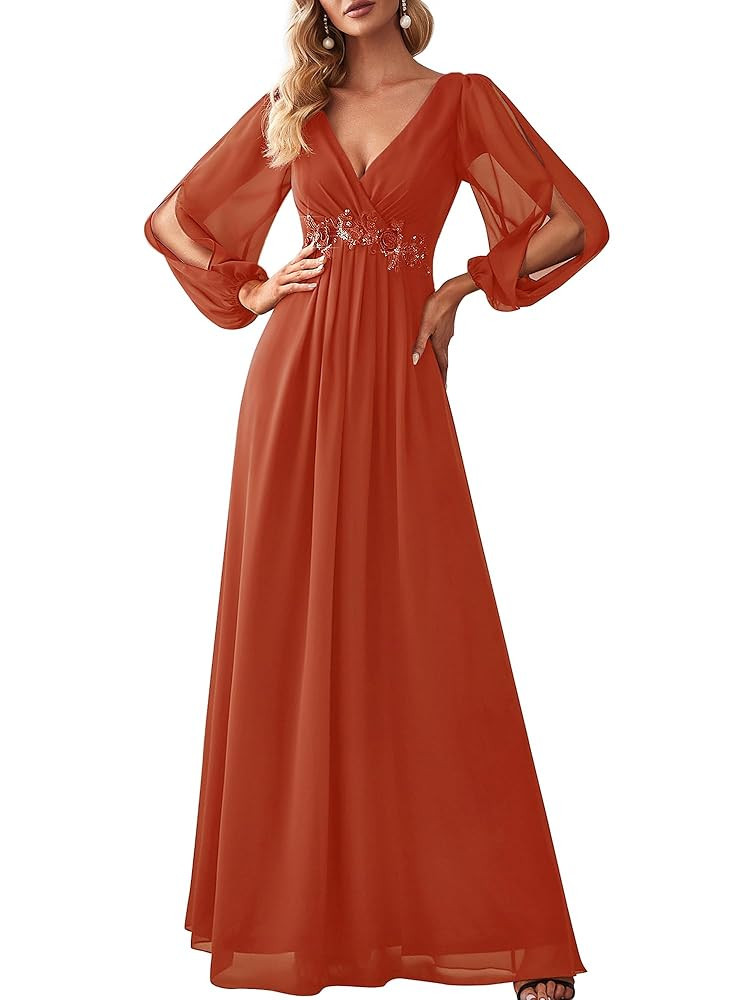 Ever-Pretty Women's V Neck Long Lantern Sleeves Floor Length Ruched Chiffon A-Line Formal Evening... | Amazon (US)