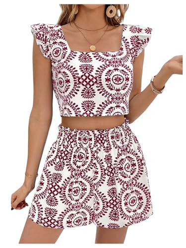 SweatyRocks Women's 2 Piece Sets Ruffle Sleeve Crop Top and Shorts Summer Vacation Outfits | Amazon (US)