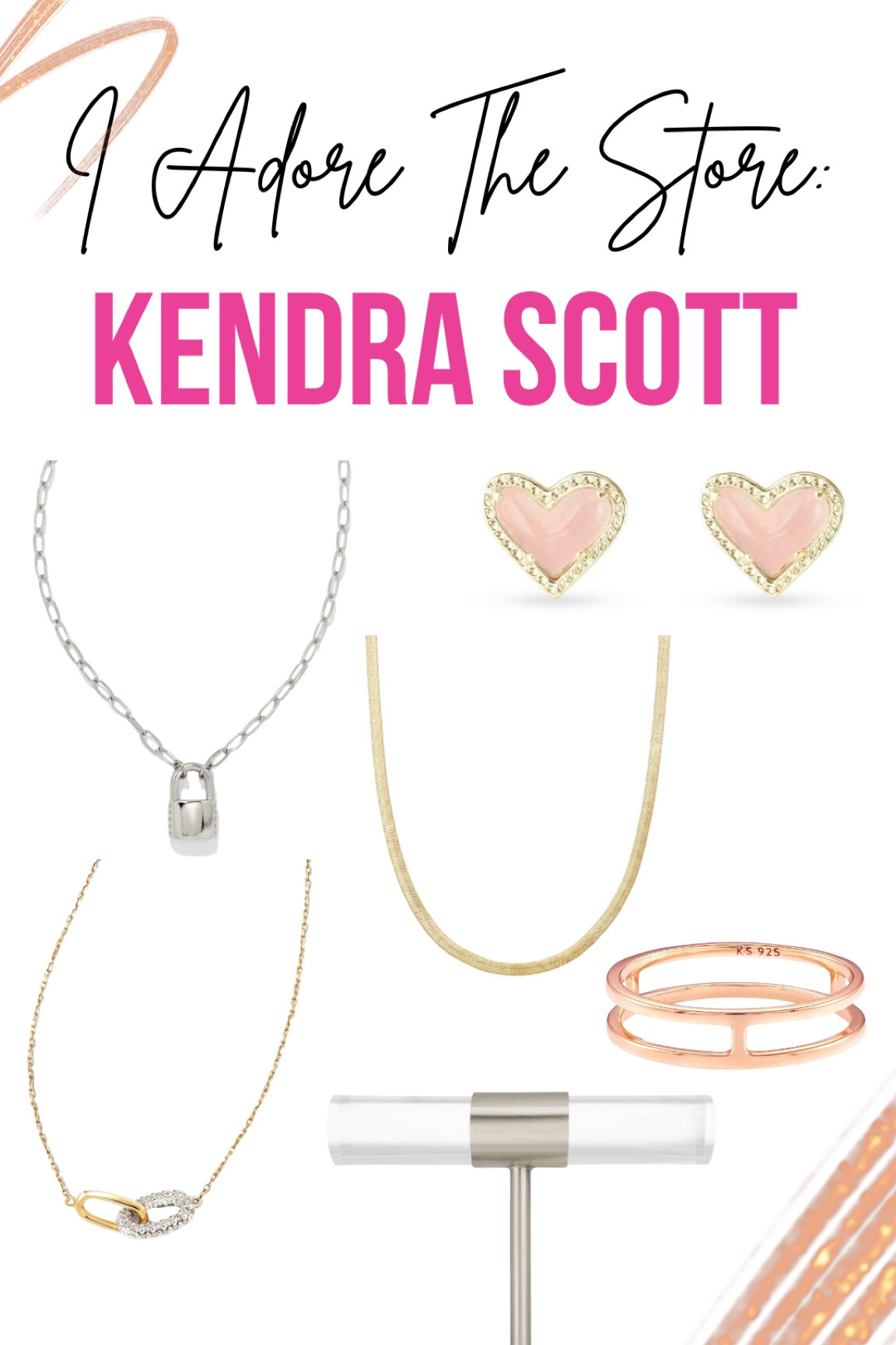 Kendra Scott IATS 

Kassie Chain Necklace in Gold
Small T-Bar Jewelry Stand in Antique Silver
Jess Small Lock Chain Necklace in Silver
Bennett Double Band Ring in 18k Rose Gold Vermeil
Ari Heart Gold Stud Earrings in Rose Quartz
Elisa 14k Yellow Gold Interlocking Pendant Necklace 

#LTKSeasonal #LTKbeauty #LTKstyletip
