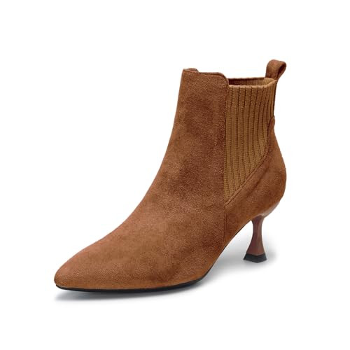 youngshow Womens Ankle Booties for Women Pointed Toe Kitten Heels Booties Sock Boots Low Heel Winter Knit Low Heel Dressy Booties Suede Kitten Heel Boots Brown Size 10 | Amazon (US)