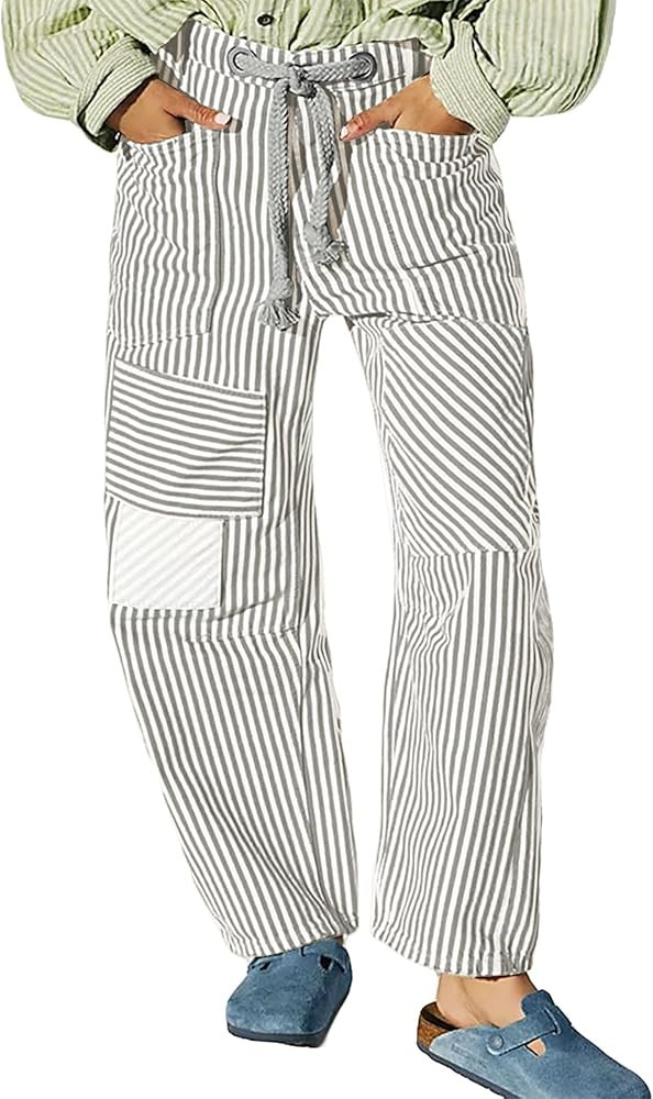 Striped Barrel Pant for Women Drawstring Patchwork Baggy Wide Leg Pants Streetwear Slouchy Y2k Tr... | Amazon (US)