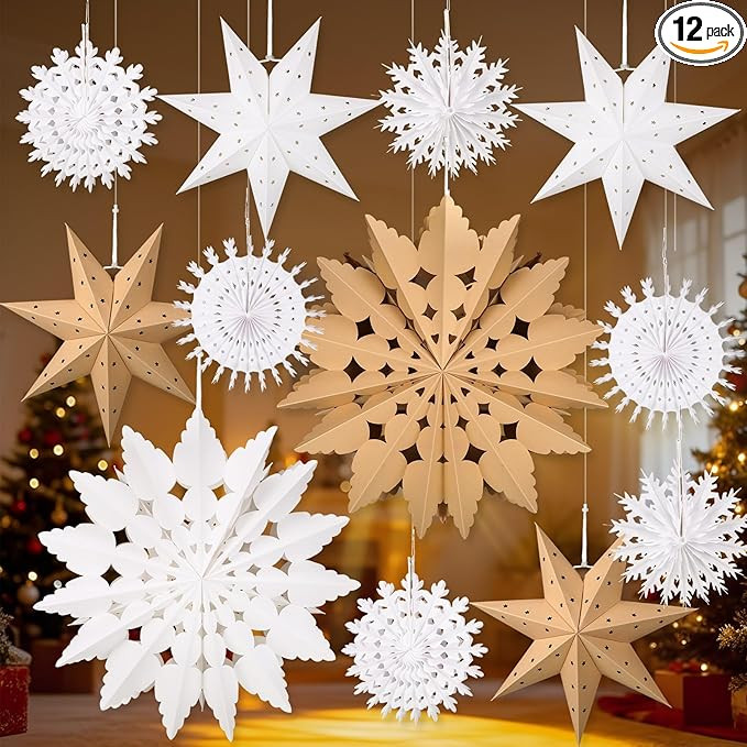 12 Pcs Paper Star Lantern 3D Christmas Paper Snowflake Lanterns White Hanging Lamp Ornaments for ... | Amazon (US)
