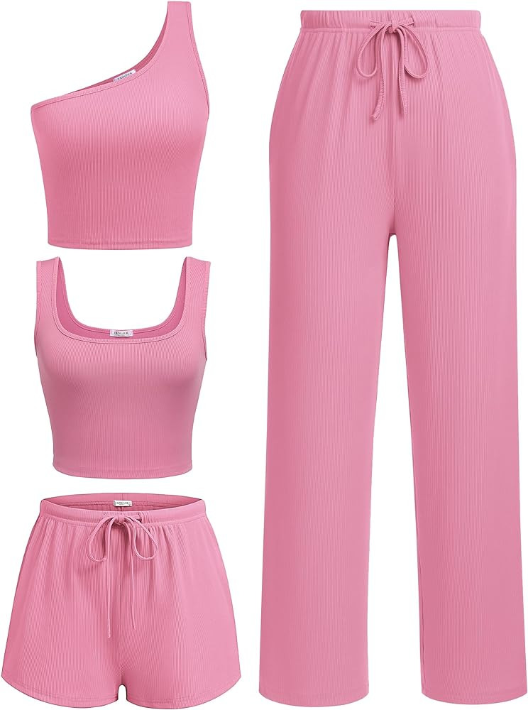 Ekouaer Womens 4 Piece Lounge Sets Ribbed Knit Crop Tank Top and Shorts Pants Casual Outfits | Amazon (US)