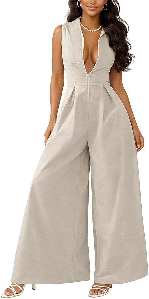 knowfashionstyle Jumpsuits For Women Dressy Sleeveless Zip Up Wide Leg Jumpsuit Date Night Romper... | Amazon (US)