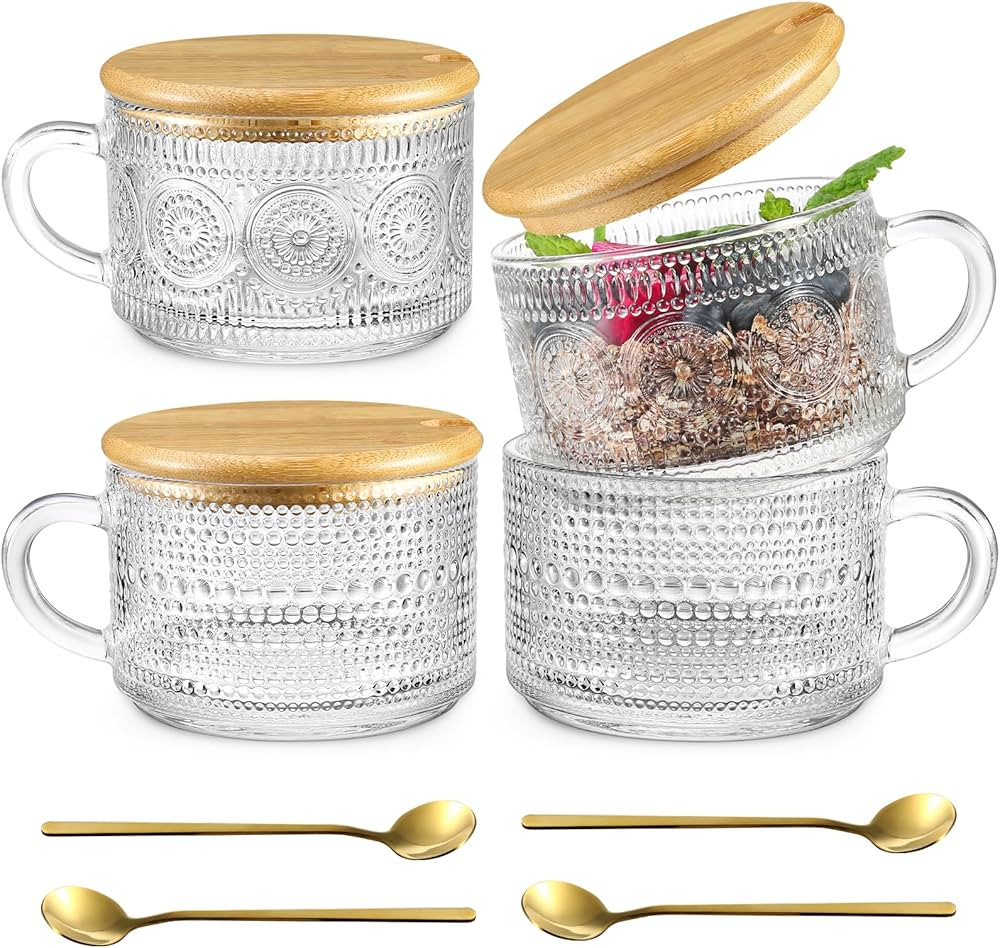 e-YiHESZ Vintage Glass Coffee Mug 14 Oz Set of 4 Clear Embossed Tea Cups, Glass Mugs for Cappucci... | Amazon (CA)