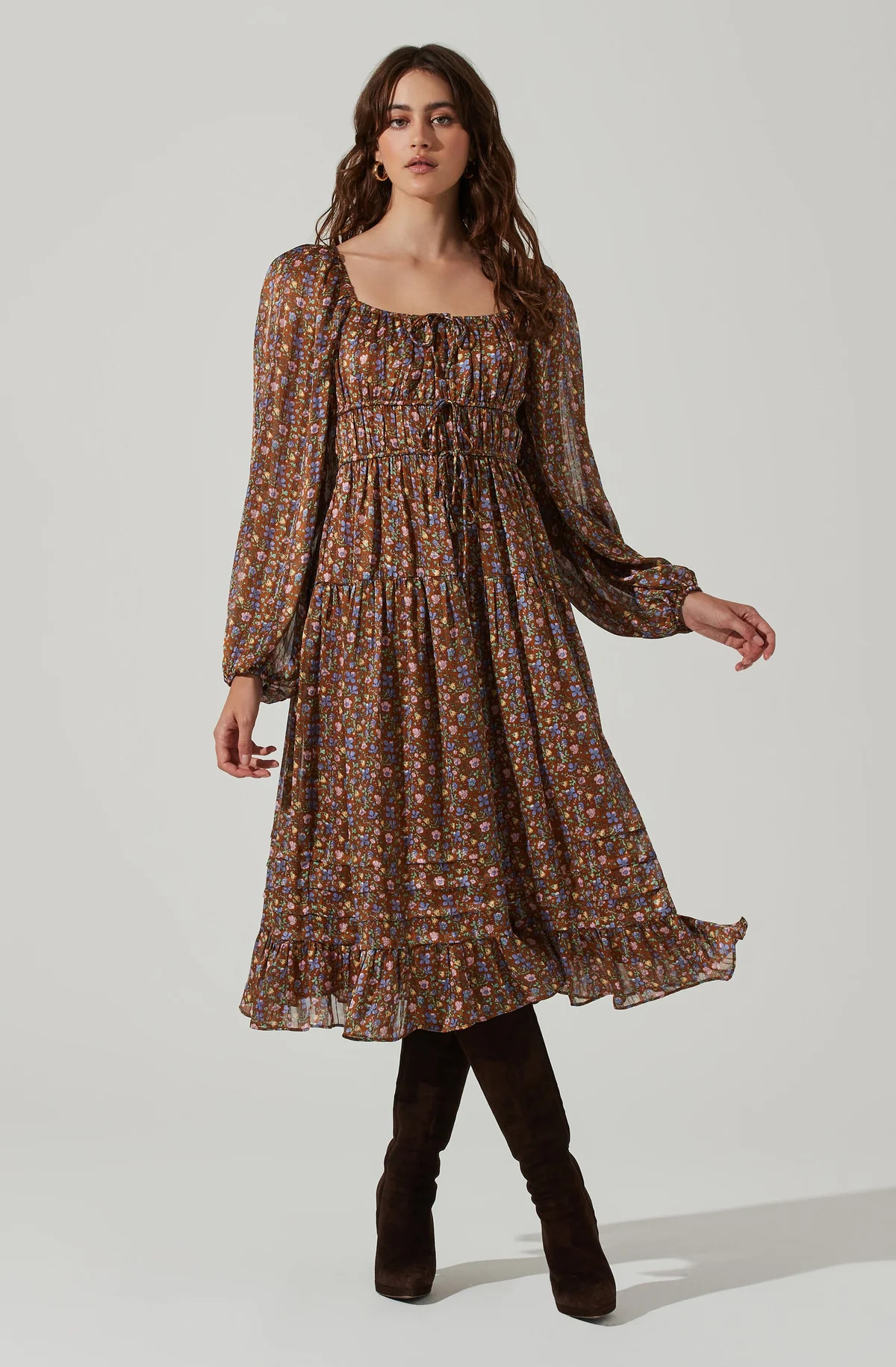 Floral Ruched Bust Long Sleeve Midi Dress | ASTR The Label (US)