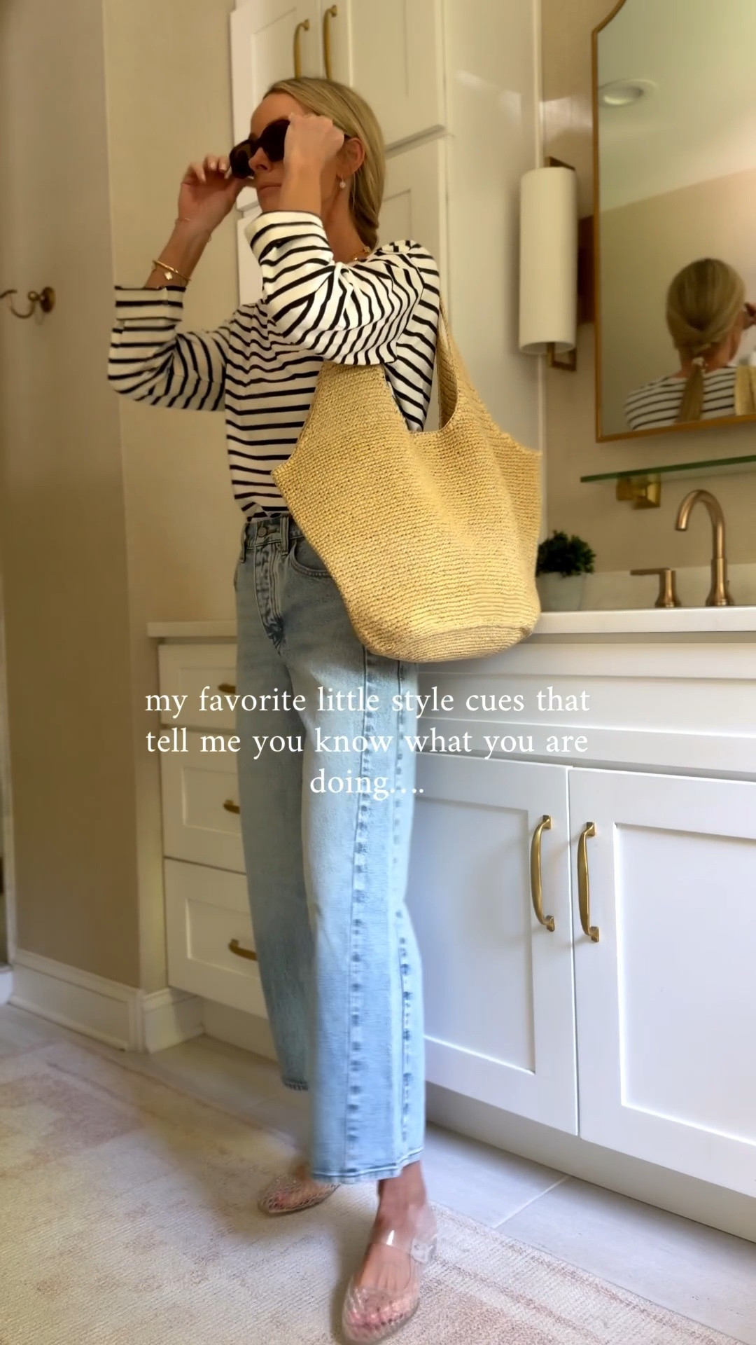 Simple little cues that make the world of a difference :
1. Tuck your shirt in all the way around. Even tee shirts. 
2. Cuff the ends. Even on 3/4 length shirt a simple little roll or a push up on a longer sleeved button up is the style cue I need to see.
3. Dainty layers. Bracelets / necklaces …. And it’s adorable! My faves are Amazon and baublebar and electric picks! 
4. Messy hair don’t care. Overdone hair for daytime looks is not needed to be chic. 
5. Add in one trend per outfit. Not 3. A jelly or a pop of trendy color is perfect. 
6. Proportions with bags. Go big or go small. It’s one or the other for the chicest end result. 

Xoxoxox