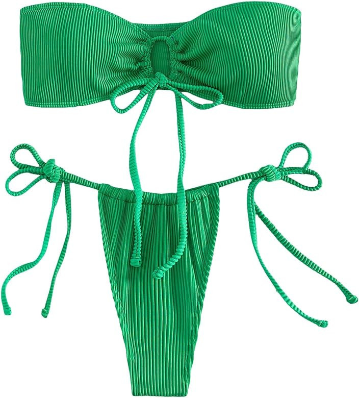 GORGLITTER Women's 2 Piece Swimsuit Ribbed Tie Front Bandeau Bikini High Waist Thong Bathing Suit... | Amazon (US)