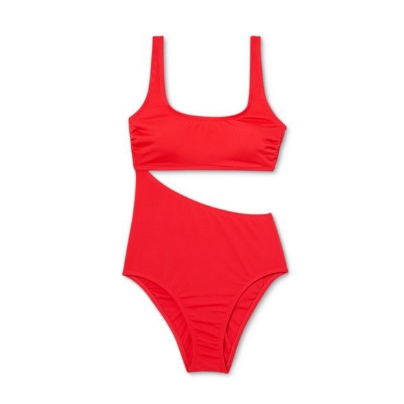 Women's Textured Ribbed Side Cut Out Medium Coverage One Piece Swimsuit - Kona Sol™ Lively Red | Target