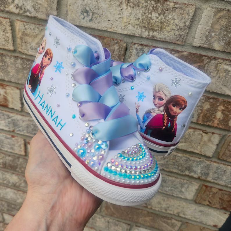 Personalized Frozen Converse Shoes, Anna and Elsa Bling Sneakers, White Converse High Tops - Etsy | Etsy (US)