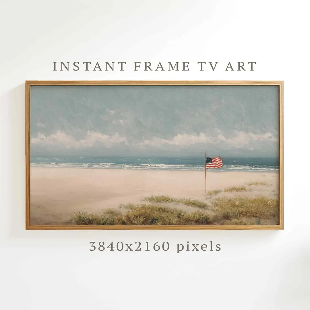 Independence Day Frame TV Art, American Flag Color, Beach Oil Painting, 4th of July USA Artwork A... | Etsy (Global)