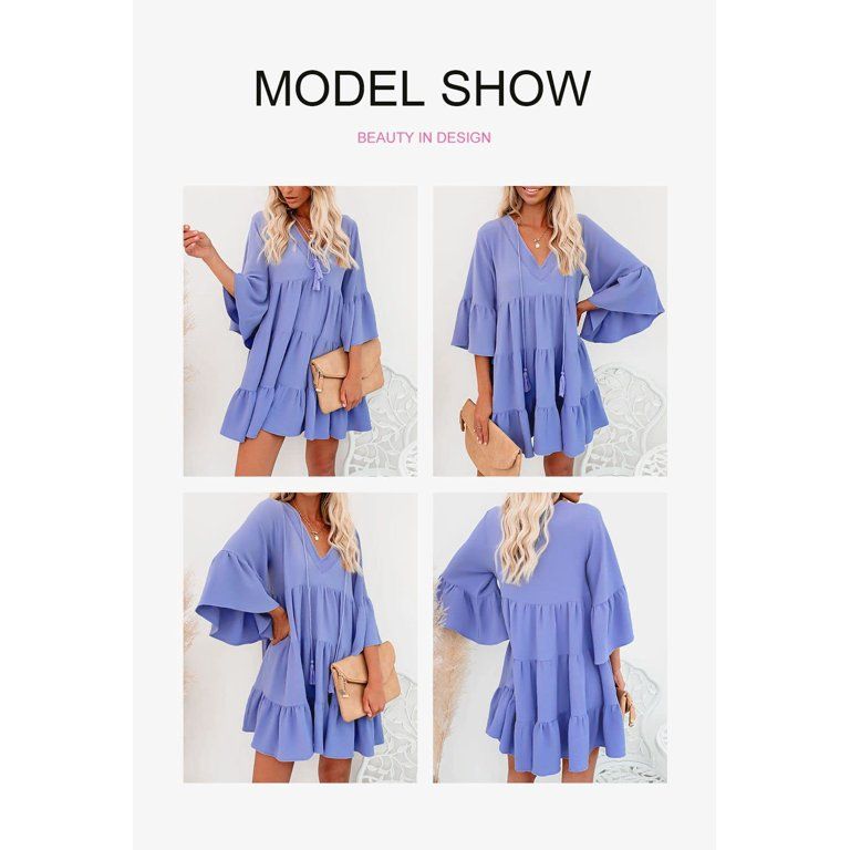 Dokotoo Women's Sky Blue Tassel Swing Mini Dresses V Neck Tunic Dress Loose Flowy Casual Bell Sle... | Walmart (US)