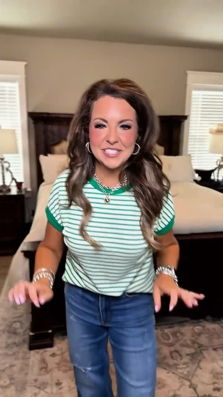Green is an absolute favorite for Spring! Affordable, Tons of Colors, Safe to Size Down! 
 #stripedtee #casualstyle #cutetshirts #stretchytee #summerstyle 
