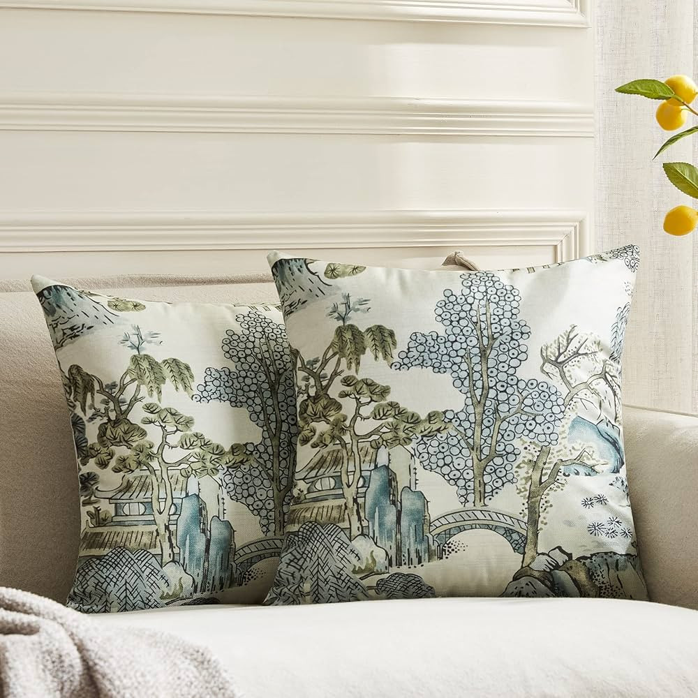 BLESFEST Pack of 2, Chinoiserie Pillow Cover 18 x 18 Inch Asian Scenic Grey Throw Pillow Covers L... | Amazon (US)