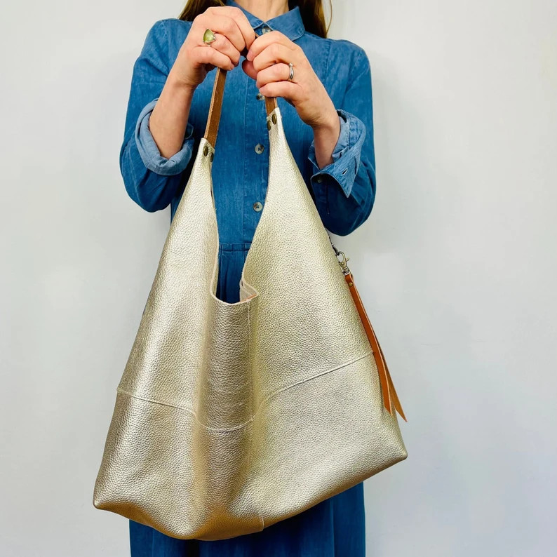 Large Leather Slouchy Hobo Shoulder Bag With Zip Pocket, Champagne Gold - Etsy | Etsy (US)