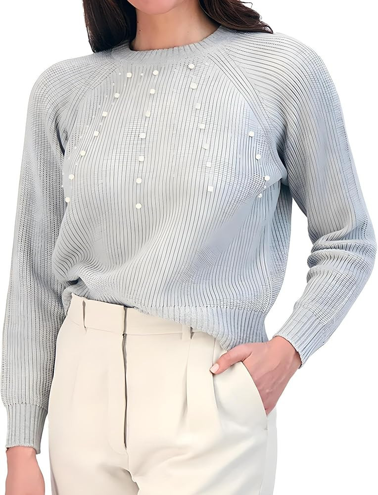 French Connection Women’s Pearl Embellished Sweater - Long Sleeve Crewneck Pullover Knit Fashio... | Amazon (US)