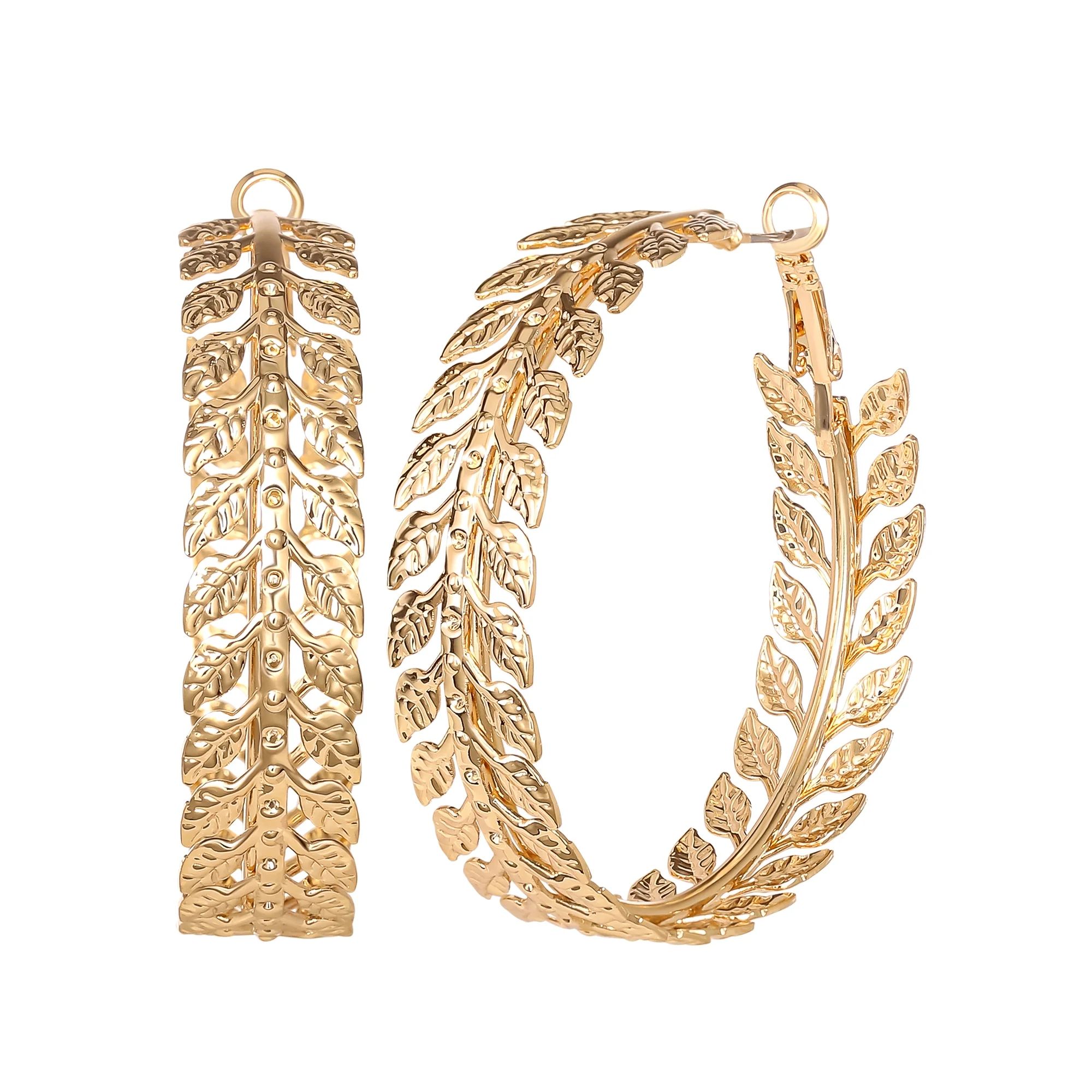 Jessica Simpson Large Gold Hoop Earrings for Women - Open Hoops - Leaf Design | Walmart (US)