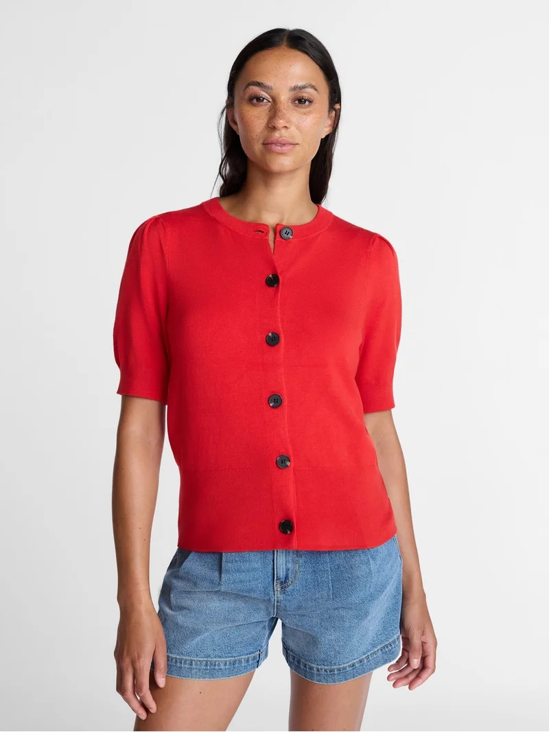 Time and Tru Woman's Crew Cardigan with Short Sleeves, Sizes XS-XXXL | Walmart (US)