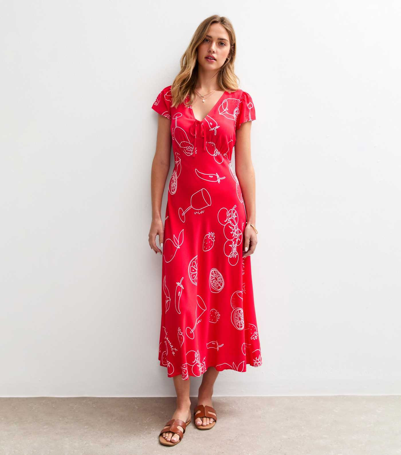 Red Fruit Illustration Print Tie Front Midi Dress | New Look | New Look (UK)
