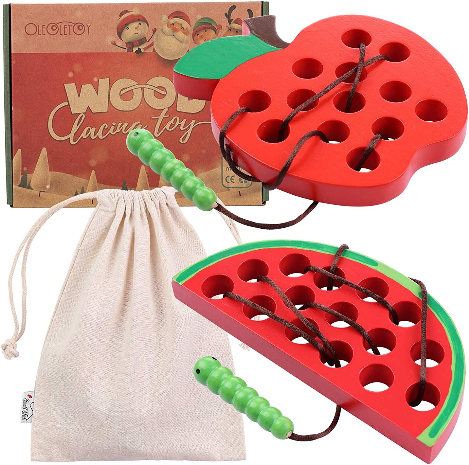 KLT Lacing Toy for Toddlers, Wooden Threading Toys, 1 Apple and 1 Watermelon with Bag, Educationa... | Amazon (US)