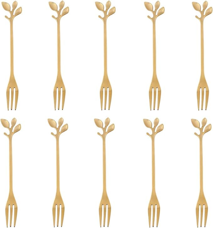 AnSaw 10-Piece Gold Mini Leaf Dessert Forks Set - 4.7" Elegant Stainless Steel Fruit, Appetizer, ... | Amazon (US)