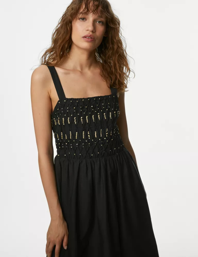 Pure Cotton Embellished Midaxi Shirred Dress | Marks & Spencer (UK)