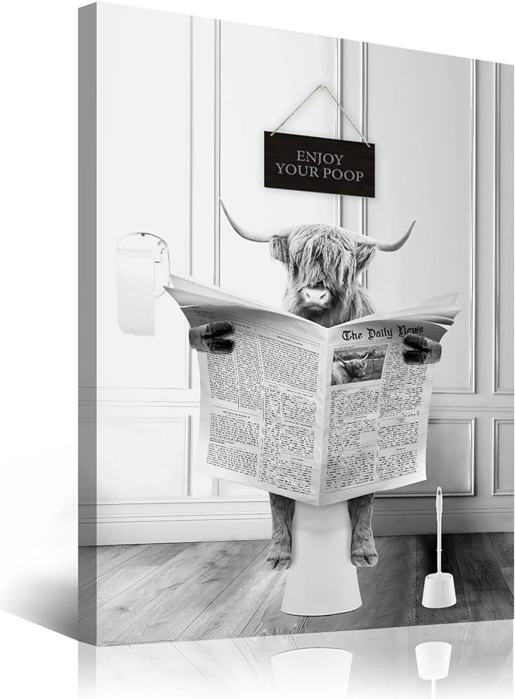 Funny Highland Cow Wall Art in Bathtub, Black and White Canvas Cow In Bathroom Picture, Kids Bath... | Amazon (US)