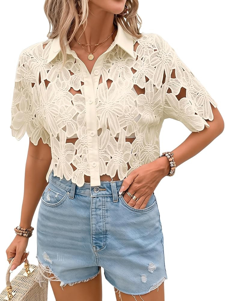 SOLY HUX Women's Floral Lace Cropped Blouses Hollow Out Crop Tops Blouse Short Sleeve Button Down... | Amazon (US)