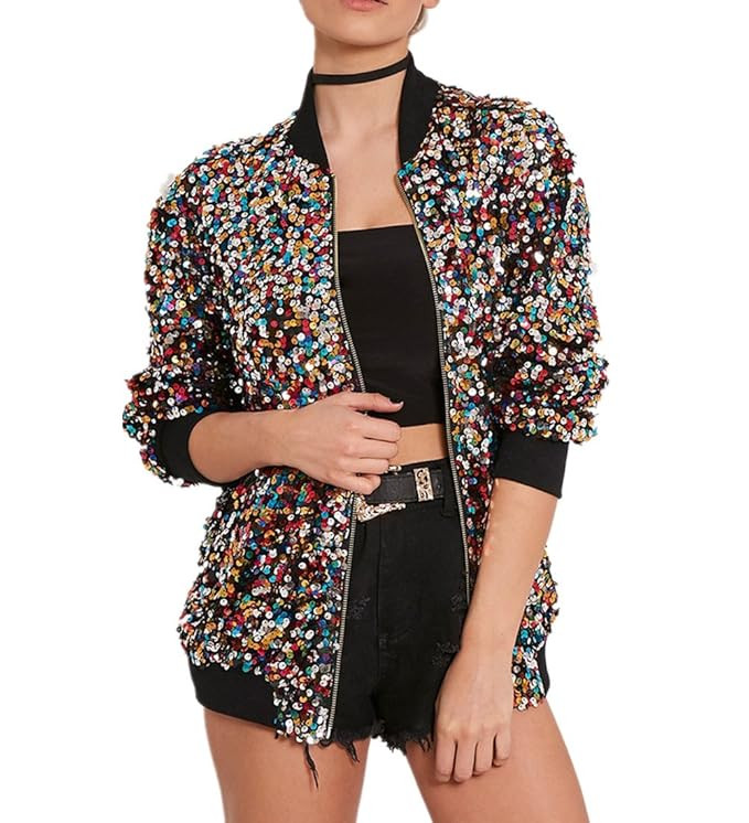 Cresay Women's Sequin Fitted Long Sleeve Zipper Blazer Bomber Jacket | Amazon (US)